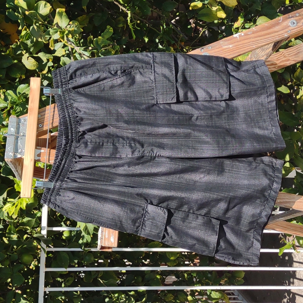Men's Yago Long CargoShorts Black Plaid Drawstring & Elastic Waist XL